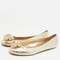 Pre Owned Le Silla Size 41 Metallic Python Embossed Leather Crystal Embellished  Ballet Flats