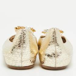 Pre Owned Le Silla Size 41 Metallic Python Embossed Leather Crystal Embellished  Ballet Flats