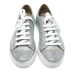 Le Silla Grey Crystal Embellished Suede Lace Up Sneakers Size 36