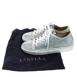 Le Silla Grey Crystal Embellished Suede Lace Up Sneakers Size 36