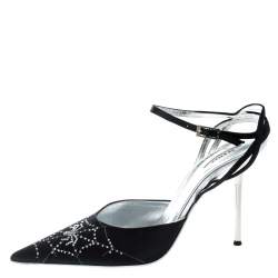 Le Silla Black Satin Crystal Embellished Spider Pointed Toe Sandals Size 39