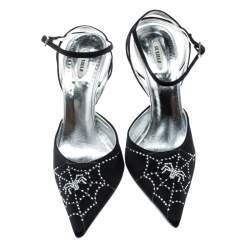 Le Silla Black Satin Crystal Embellished Spider Pointed Toe Sandals Size 39