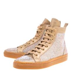 Pre Owned Le Silla Beige Crystal Embellished Leather High Top Sneakers Size 37