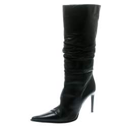 Le Silla Black Leather Rucched Detail Calf Length Pointed Toe Boots Size 38