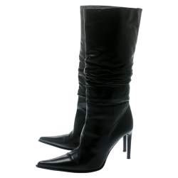 Le Silla Black Leather Rucched Detail Calf Length Pointed Toe Boots Size 38