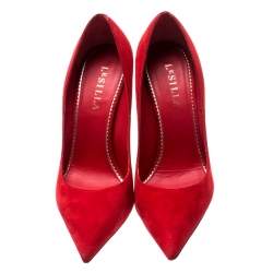 Pre Owned Le Silla Red Suede Pointed Toe Spiral Heel Pumps Size 38