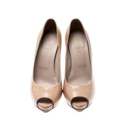 Pre Owned Le Silla Beige Python Embossed Leather Peep Toe Pumps Size 38.5