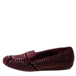 Pre Owned Le Silla Burgundy Velvet Crystal Embellished Dixie Slip On Loafers Size 39