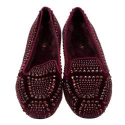 Pre Owned Le Silla Burgundy Velvet Crystal Embellished Dixie Slip On Loafers Size 39