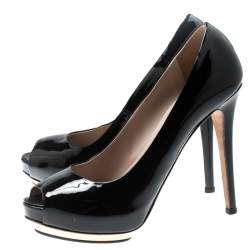 Le Silla Black Patent Leather Peep Toe Platform Pumps Size 38