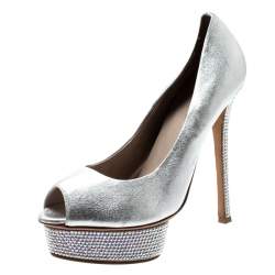 Le Silla Metallic Silver Leather Crystal Embellished Platform Peep Toe Pumps Size 38