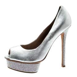 Le Silla Metallic Silver Leather Crystal Embellished Platform Peep Toe Pumps Size 38