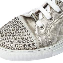 Pre Owned Le Silla Pearl White Metallic Quilted Leather and Suede Crystal Embellished Lace High Top Sneakers Size 38