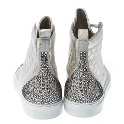 Pre Owned Le Silla Pearl White Metallic Quilted Leather and Suede Crystal Embellished Lace High Top Sneakers Size 38