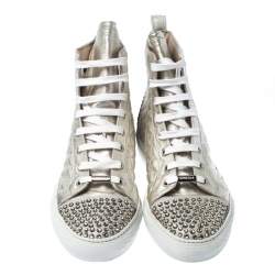 Pre Owned Le Silla Pearl White Metallic Quilted Leather and Suede Crystal Embellished Lace High Top Sneakers Size 38