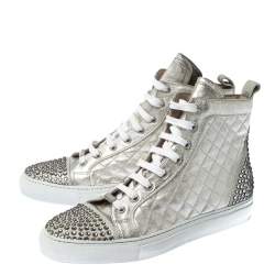 Pre Owned Le Silla Pearl White Metallic Quilted Leather and Suede Crystal Embellished Lace High Top Sneakers Size 38
