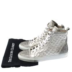 Pre Owned Le Silla Pearl White Metallic Quilted Leather and Suede Crystal Embellished Lace High Top Sneakers Size 38