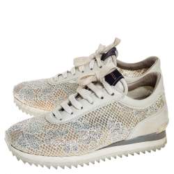 Pre Owned Le Silla Ivory Lace and Leather Trainer Sneakers Size 36.5