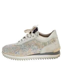 Pre Owned Le Silla Ivory Lace and Leather Trainer Sneakers Size 36.5