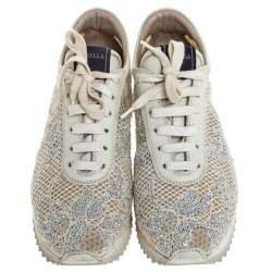 Pre Owned Le Silla Ivory Lace and Leather Trainer Sneakers Size 36.5