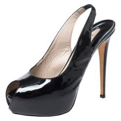Pre Owned Le Silla Black Patent Leather Peep Toe Slingback Platform Sandals Size 38.5