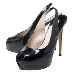 Pre Owned Le Silla Black Patent Leather Peep Toe Slingback Platform Sandals Size 38.5