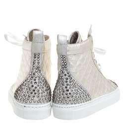 Le Silla Pearl Metallic White Quilted Leather and Suede Crystal Embellished Lace High Top Sneakers Size 36