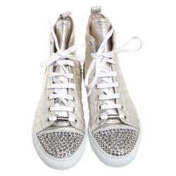 Le Silla Pearl Metallic White Quilted Leather and Suede Crystal Embellished Lace High Top Sneakers Size 36