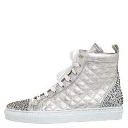 Le Silla Pearl Metallic White Quilted Leather and Suede Crystal Embellished Lace High Top Sneakers Size 36