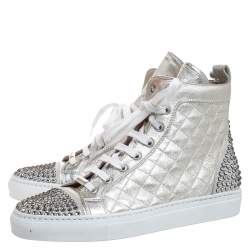 Le Silla Pearl Metallic White Quilted Leather and Suede Crystal Embellished Lace High Top Sneakers Size 36
