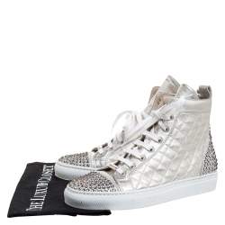 Le Silla Pearl Metallic White Quilted Leather and Suede Crystal Embellished Lace High Top Sneakers Size 36