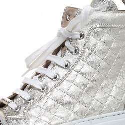 Le Silla Pearl Metallic White Quilted Leather and Suede Crystal Embellished Lace High Top Sneakers Size 36