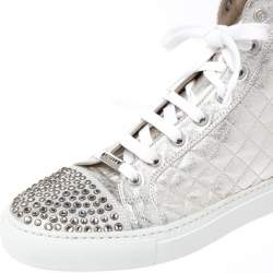 Pre Owned Le Silla Pearl White Metallic Quilted Leather and Suede Crystal Embellished Lace High Top Sneakers Size 37
