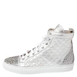 Pre Owned Le Silla Pearl White Metallic Quilted Leather and Suede Crystal Embellished Lace High Top Sneakers Size 37