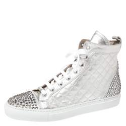 Pre Owned Le Silla Pearl White Metallic Quilted Leather and Suede Crystal Embellished Lace High Top Sneakers Size 37