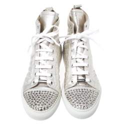 Pre Owned Le Silla Pearl White Metallic Quilted Leather and Suede Crystal Embellished Lace High Top Sneakers Size 37