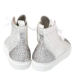 Pre Owned Le Silla Pearl White Metallic Quilted Leather and Suede Crystal Embellished Lace High Top Sneakers Size 37