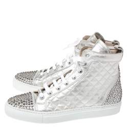 Pre Owned Le Silla Pearl White Metallic Quilted Leather and Suede Crystal Embellished Lace High Top Sneakers Size 37