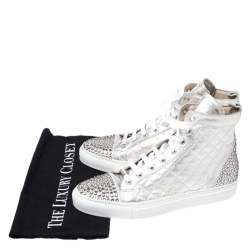 Pre Owned Le Silla Pearl White Metallic Quilted Leather and Suede Crystal Embellished Lace High Top Sneakers Size 37