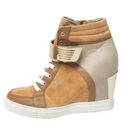 Pre Owned Le Silla Brown/Grey Leather In Chipow High Top Wedge Sneakers Size 40