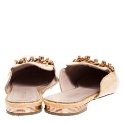 Le Silla Cream Crocodile Effect Patent Leather Crystal Embellished Chain Flat Mules Size 37