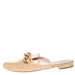 Le Silla Cream Crocodile Effect Patent Leather Crystal Embellished Chain Flat Mules Size 37