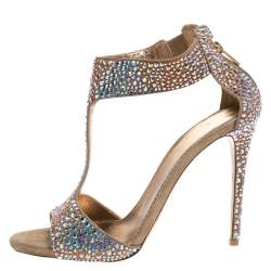 Pre Owned Le Silla Gold Crystal Embellished Nubuck T-Bar Peep Toe Sandals Size 40