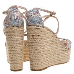 Pre Owned Le Silla Pink Crystal Embellished Suede Leather Espadrille Wedge Platform Ankle Strap Sandals Size 40.5