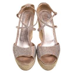 Pre Owned Le Silla Pink Crystal Embellished Suede Leather Espadrille Wedge Platform Ankle Strap Sandals Size 40.5