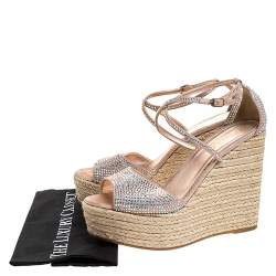 Pre Owned Le Silla Pink Crystal Embellished Suede Leather Espadrille Wedge Platform Ankle Strap Sandals Size 40.5