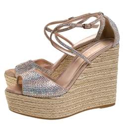 Pre Owned Le Silla Pink Crystal Embellished Suede Leather Espadrille Wedge Platform Ankle Strap Sandals Size 40.5