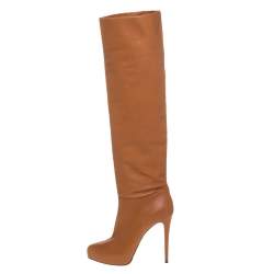 Pre Owned Le Silla Caramel Brown Leather Over The Knee Boots Size 40
