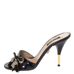 Pre Owned Le Silla Black Patent Leather Tassel Open Toe Slide Sandals Size 37.5