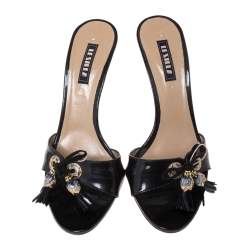 Pre Owned Le Silla Black Patent Leather Tassel Open Toe Slide Sandals Size 37.5